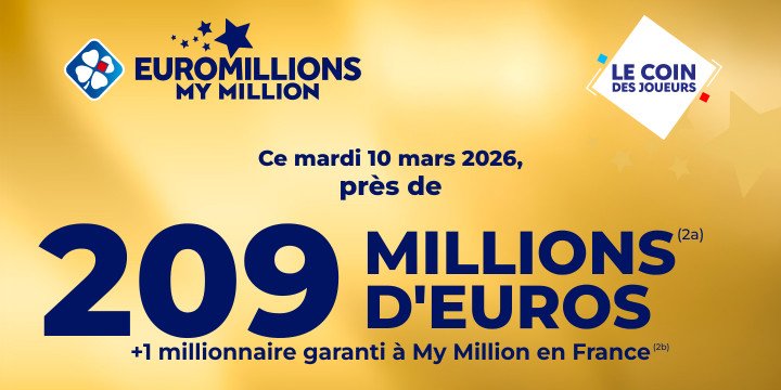 Euromillions : Ce mardi 10 mars 2026, près de 209 millions d'euros à gagner. Euromillions : Ce mardi 10 mars 2026, près de 209 millions d'euros à gagner.